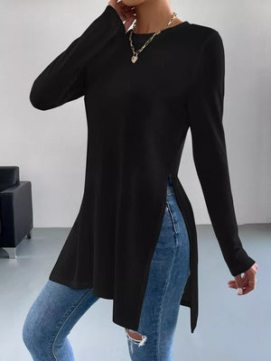 Long Sleeve Side Slit T-shirt in White, editorial view