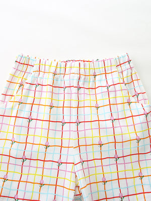 Girls' cotton plaid shorts with floral print and elastic waist