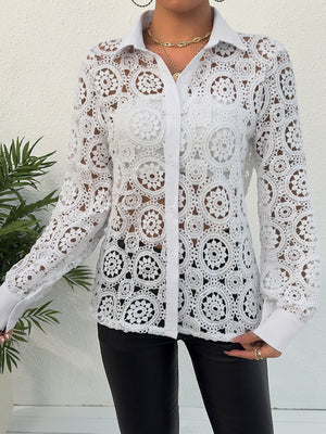 White lace cutout button-up shirt with classic collar and long sleeves