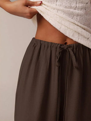 Brown maternity wide-leg pants with drawstring waist