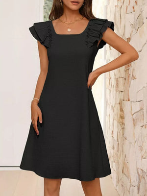 Black a-line dress with square neck and ruffled cap sleeves.