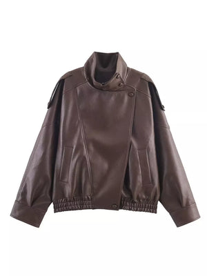 Asymmetrical Faux Leather Moto Jacket in Black, editorial view