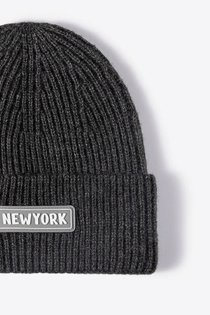 Dark Gray ribbed acrylic beanie with New York patch detail