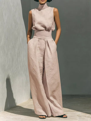 Sleeveless Wide-leg Jumpsuit With Smocked Waist in Apricot, product detail