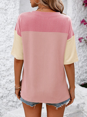 Mandy Color Pop T-Shirt in Deep Rose/Pink with cream sleeves and striped detail.