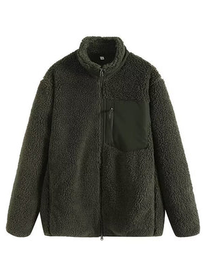 Sherpa zip-up jacket in dark green with a contrasting patch pocket and stand-up collar.