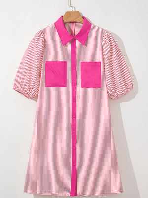 Button-down mini dress with pink stripes, puff sleeves, and two chest pockets.
