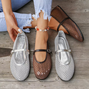 Airy mesh Mary Jane flats in brown and silver with buckle straps.