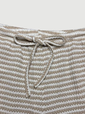 Maternity wide leg pants in apricot and white stripe with drawstring waist.