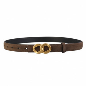 Brown suede belt with interlocking gold buckle detail