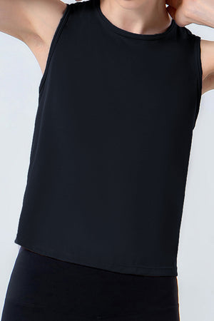 Black performance tank top with a round neckline and sleeveless design.