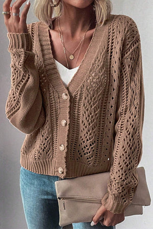 Taupe knit cardigan with open mesh detail and v-neckline.