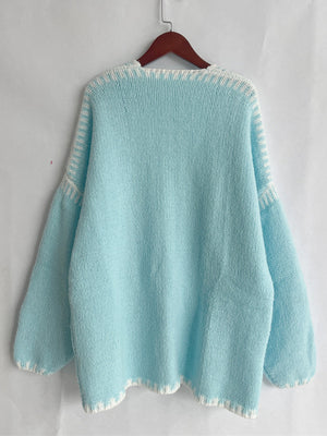 Tiffany Blue knit oversized cardigan with contrast white stitching detail