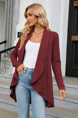 Wine drape-front cable knit cardigan with waterfall neckline.