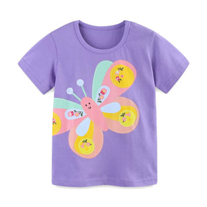 Purple cotton crew neck t-shirt with a colorful butterfly applique and floral details.