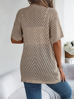 Khaki open-knit slouchy cardigan with short sleeves and chevron pattern.