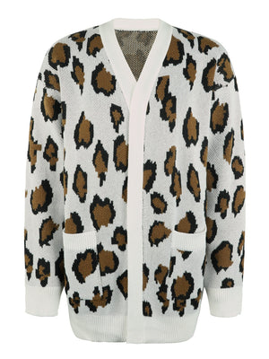 White leopard print knit open-front cardigan with pockets