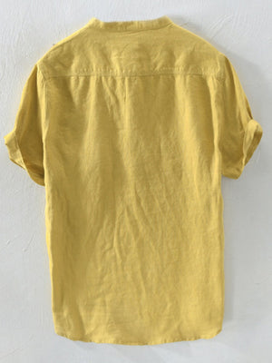 Yellow band collar casual shirt with rolled short sleeves.