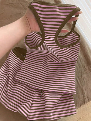 Pink and brown striped tank top and shorts set with drawstring shorts.