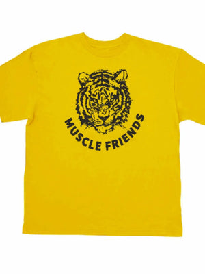 Yellow oversized tee with black tiger graphic and Muscle Friends text