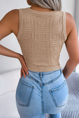 Khaki knit tank top with geometric pattern, cropped length, crew neck