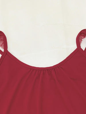 Red loungewear set with ruffled mesh trim straps and gathered neckline.