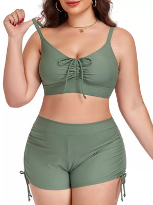 Plus size Army Green adjustable drawstring swimwear set with ruched shorts and tie-front bikini top.