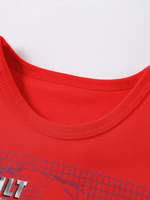 Red cotton toddler tee with race car graphic and "built for speed" text detail.