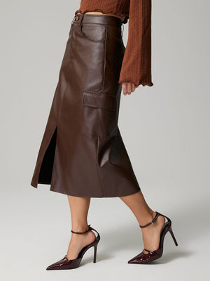 Dark brown faux leather midi skirt with cargo pocket and side slit, buttoned detail.