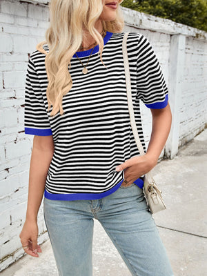 Striped knit tee with blue trim and short sleeves.