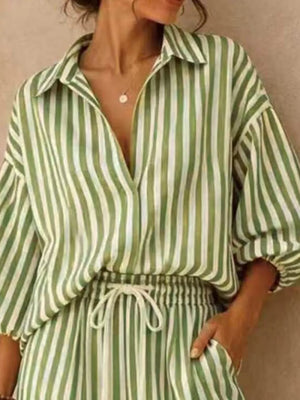 Striped Puff Sleeve Shirt And Wide-leg Pants Set in Khaki, view 14