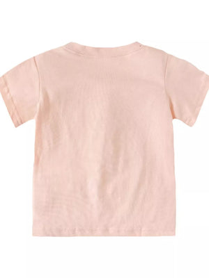 Toddler pink cotton t-shirt with short sleeves and crew neck, back view.