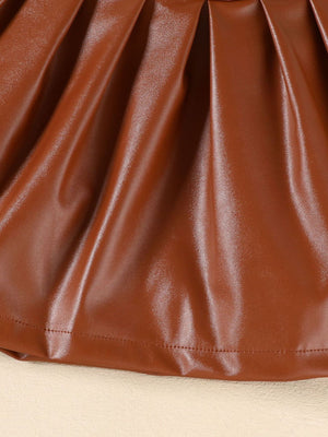 Brown faux leather baby skirt with pleated detail and stitched hem