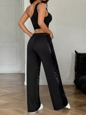 Black wide-leg maternity trousers with sequin side stripe detail