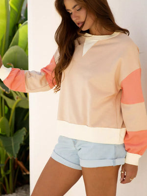 Color Block Textured Patchwork Pullover Sweatshirt in Watermelon pink, back view
