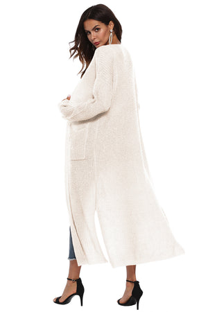 Ivory longline knit cardigan with side slits and pockets, acrylic material