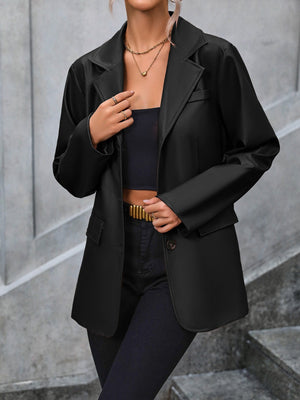 Black faux leather tailored blazer with buttoned front and notched lapels.