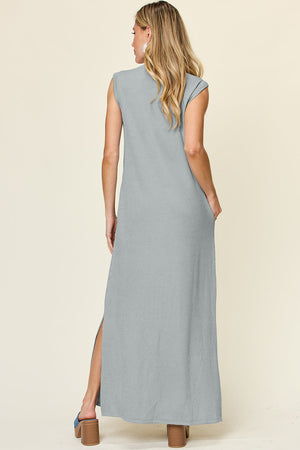 Textured ribbed maxi dress in cloudy blue with side slits and pockets