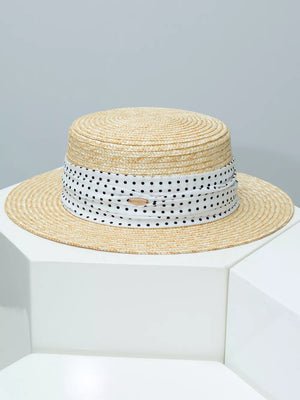 Wheat straw boater hat with ruched polka dot ribbon detail