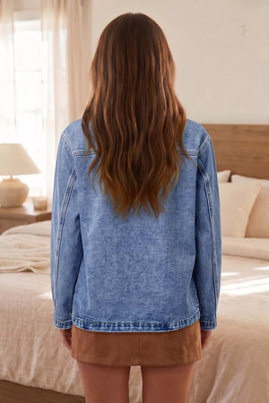 Patchwork Leather Collar Denim Jacket in Dusty Blue, side view