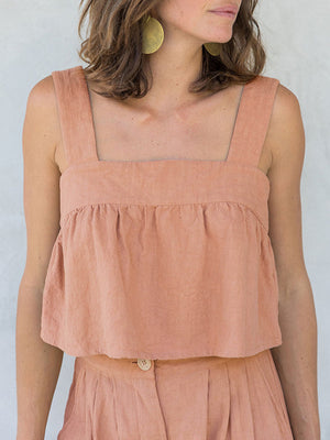Watermelon pink linen crop top with square neckline and culotte pants with button detail