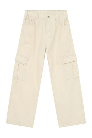 Ivory cargo pants with multiple pockets and contrast stitching.