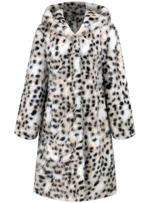 White leopard print faux fur maxi coat with hood