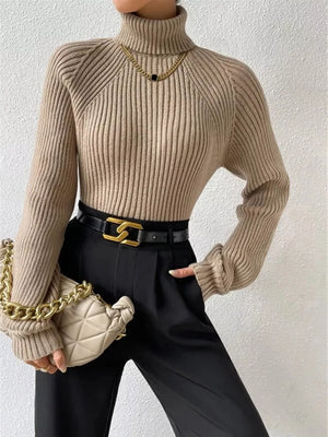 Mocha ribbed turtleneck knit sweater with long sleeves and a classic fit.