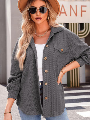 Dark Gray textured oversized button-down shacket with buttoned pockets and collar