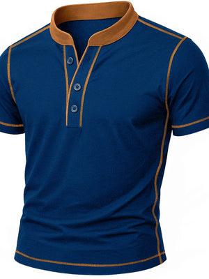 Blue casual t-shirt for men with buttoned placket and contrast stitching