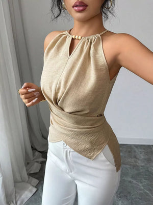 Apricot gathered neck cami with beaded detail and crisscross wrap.