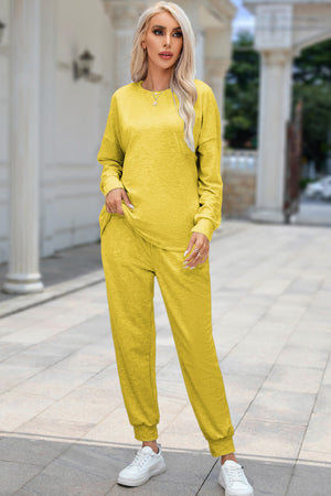 Plush lounge set in True Yellow, relaxed fit joggers and long sleeve top.