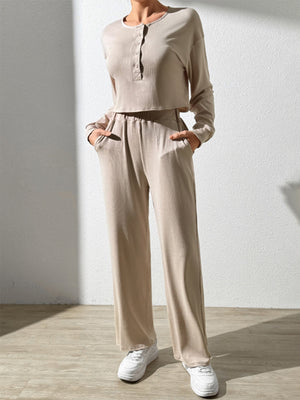 Tan ribbed henley lounge set with button detail and wide-leg pants.