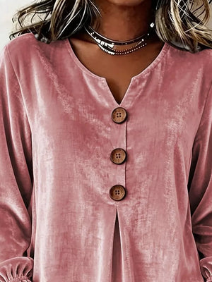 Velvet Button Decor Blouse With Ruffled Cuffs in Black, side view